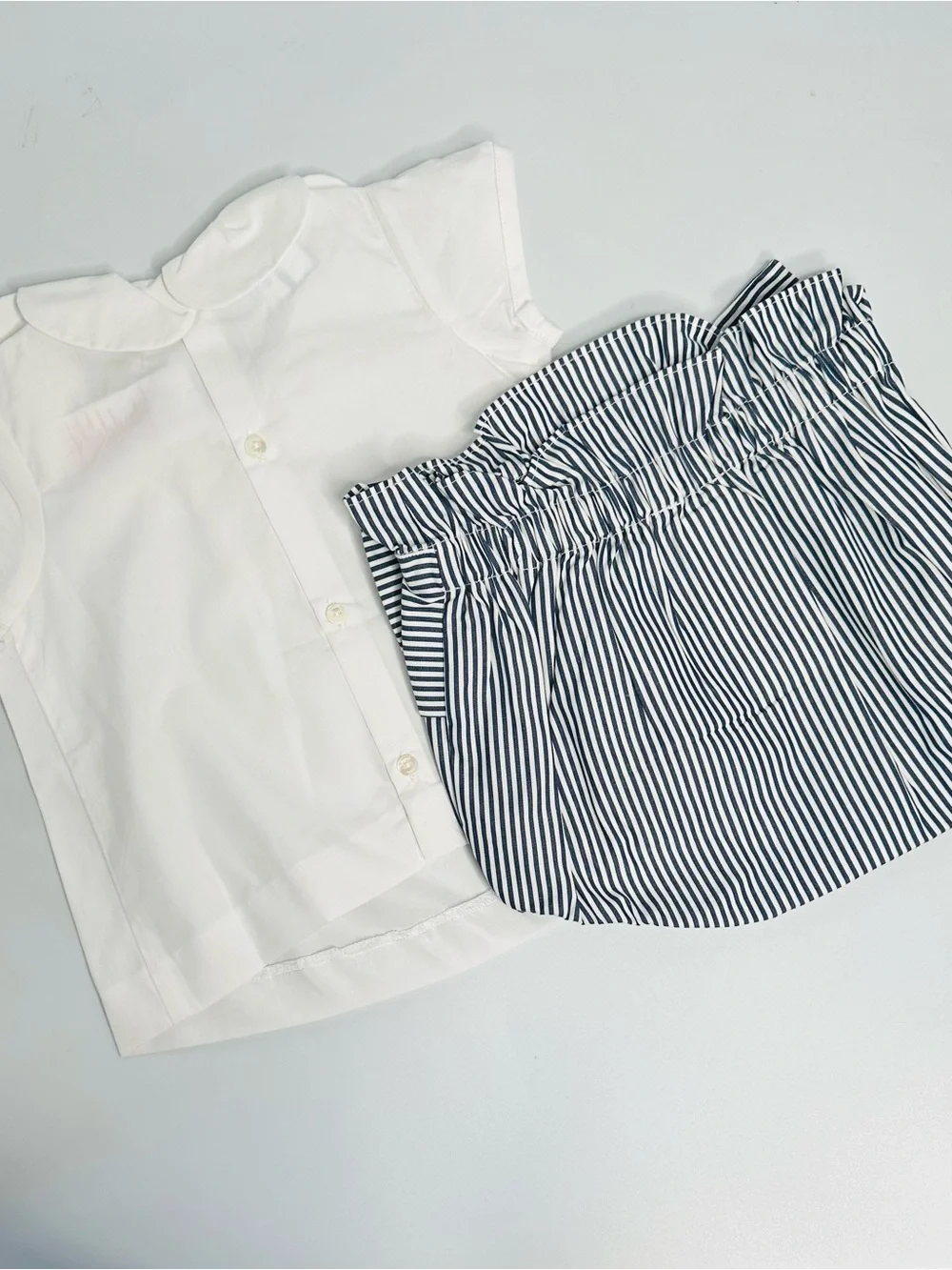 Jacadi White Peter Pan Collar Top with Navy Striped Bow Bloomer